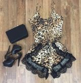 Macacão sexy leopardo com rendas Cod1017